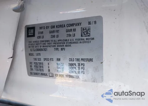 2019 Chevrolet Trax Lt из США, поврежденный, VIN KL7CJLSB0KB947621